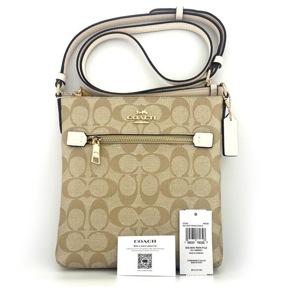 Coach Mini Rowan File Bag Crossbody In Signature Canvas Light Khaki Chalk CF340 - Picture 1 of 7
